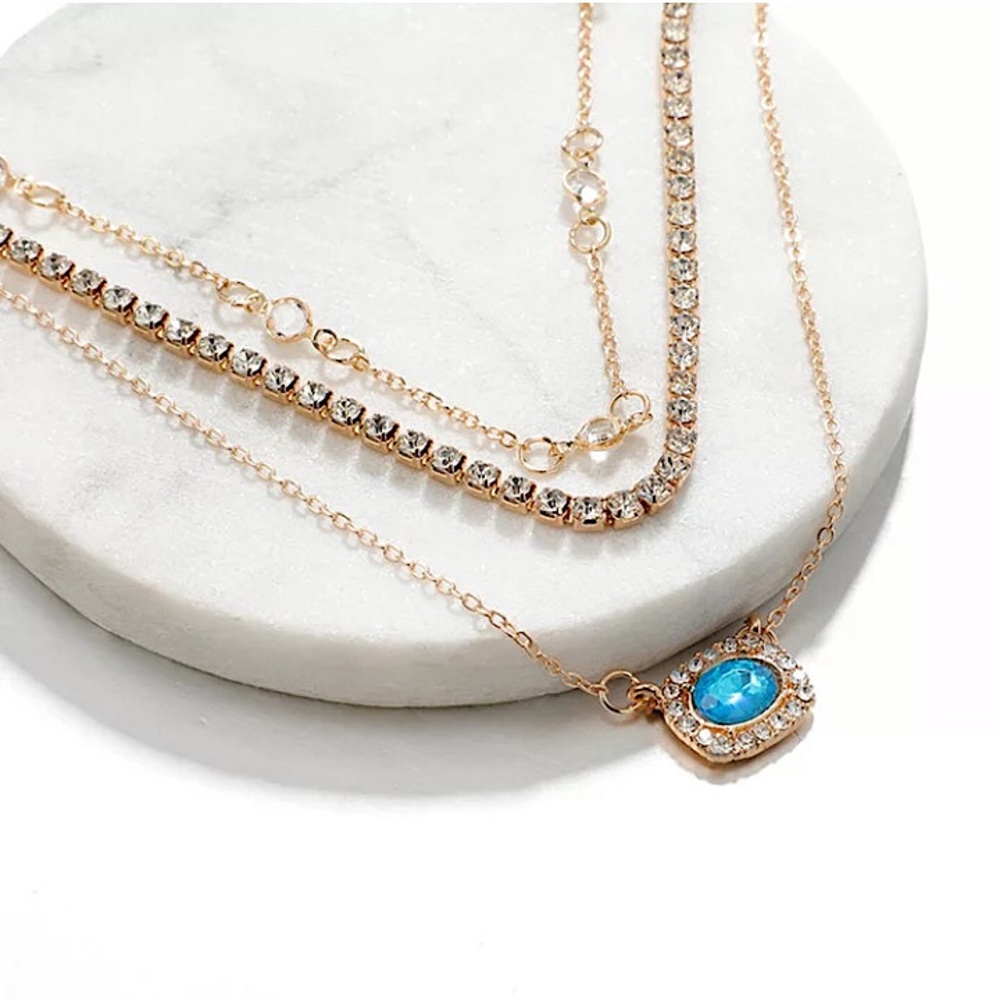 🔵𝟲𝟱%𝗢𝗙𝗙 𝗯𝘂𝗻𝗱𝗹𝗲𝘀 𝟯+🔵 NEW 3 Layered Blue Rhinestone Charm Gold Necklace - Picture 4 of 11